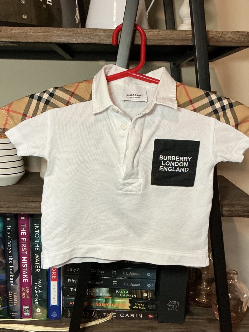 Burberry White Polo with Vintage Check Shoulders and Black Patch Size 12mo